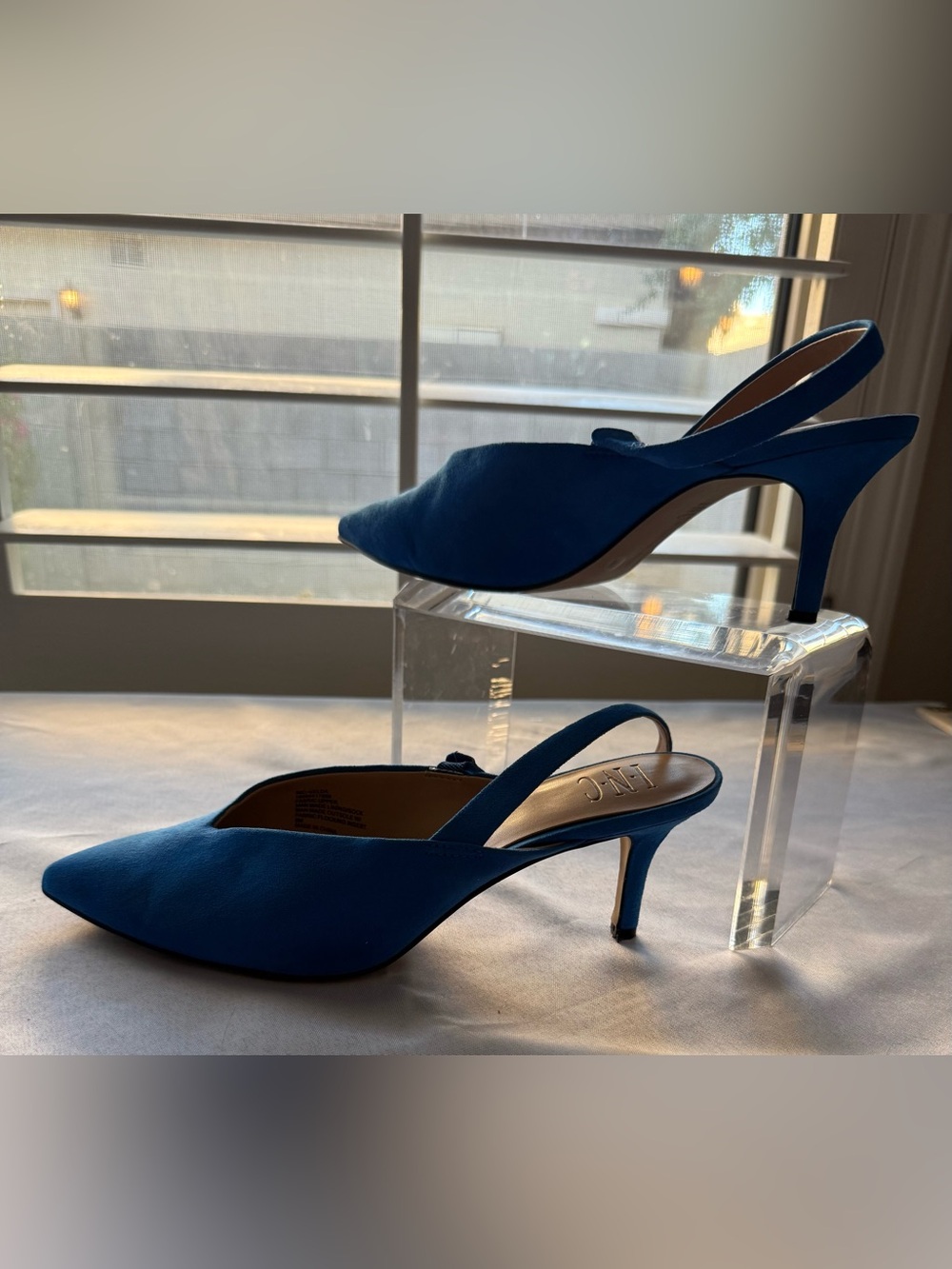 INC International Concepts Blue Suede Pointed-Toe Slingback Kitten Heels Size 8